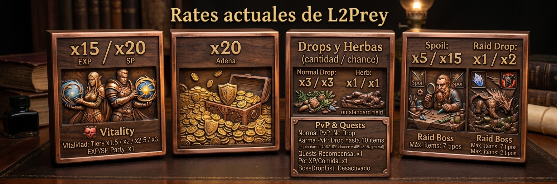 Rates actuales de L2Prey: EXP x15, SP x20, Adena x20, Drop normal x3/x3, Herbas x1/x1, Spoil x5/x15, Raid Boss x1/x2
